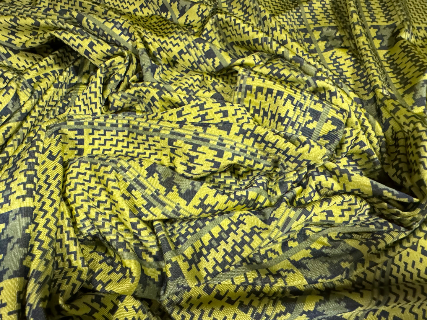 Soft touch stretch spandex single jersey fabric, per metre - houndstooth check print - lemon & blue-grey