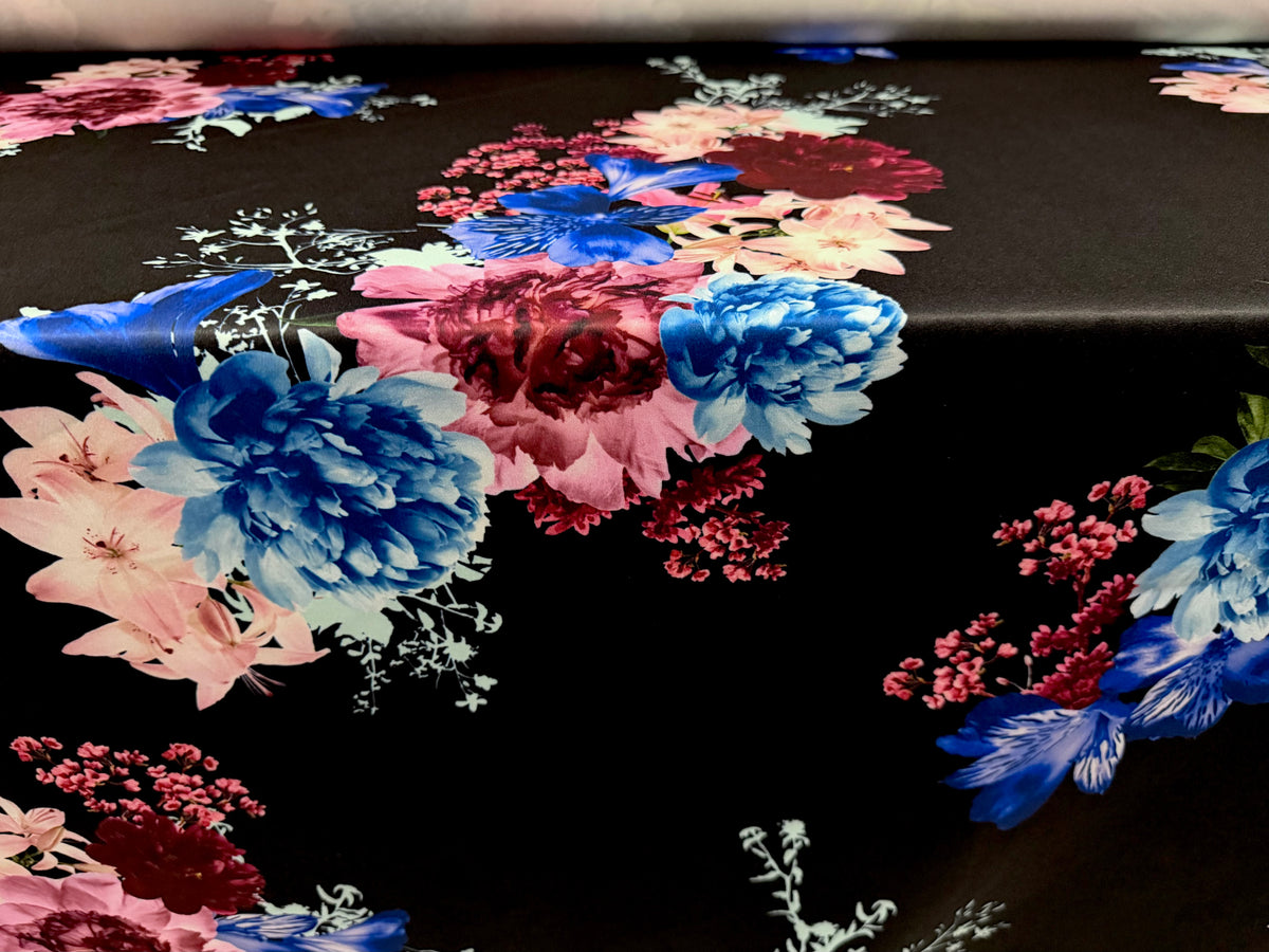 Scuba stretch spandex double jersey fabric, per metre - flourish print - black cobalt & pink