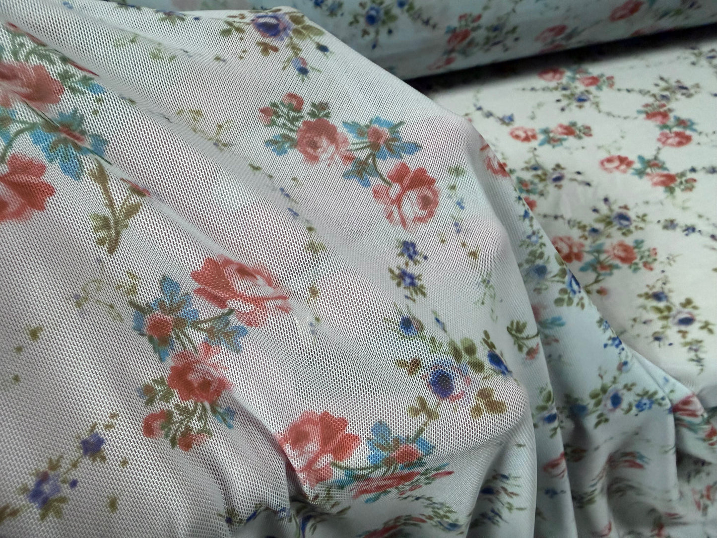 Power mesh net stretch spandex fabric, per metre - rambling rose print - sky blue