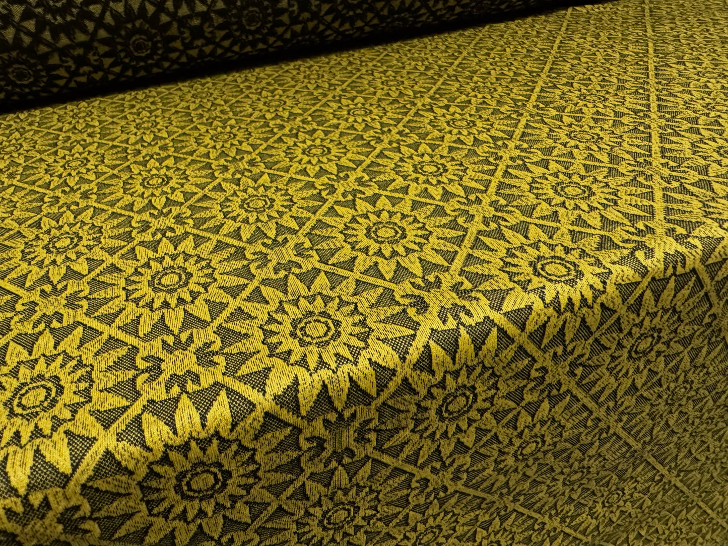 Double jersey stretch spandex fabric, per metre - floral jacquard - mustard