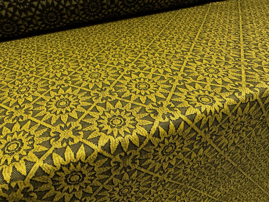 Double jersey stretch spandex fabric, per metre - floral jacquard - mustard