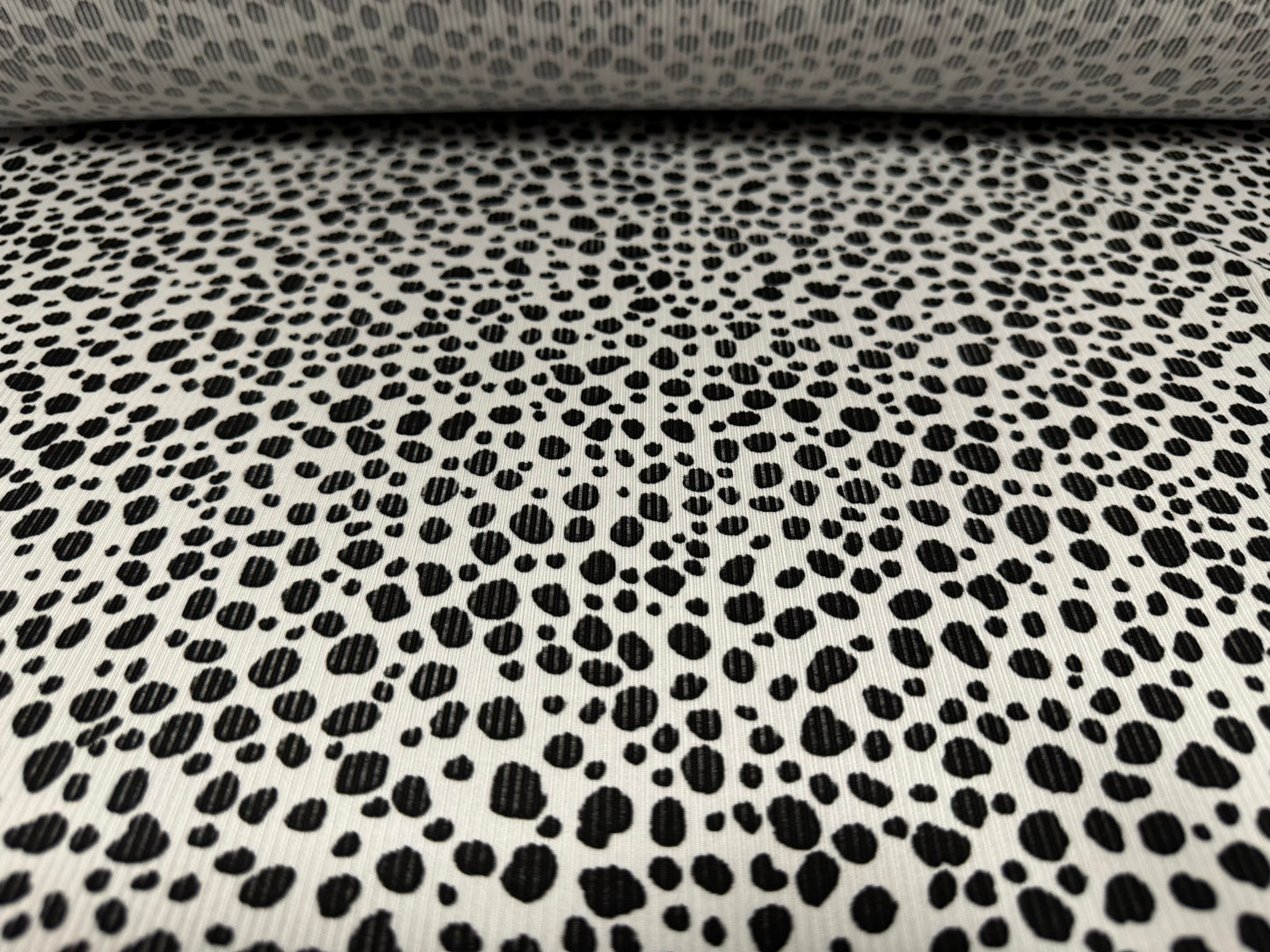 Stretch spandex fine ribbed jersey fabric, per metre - Dalmatian print - black & white