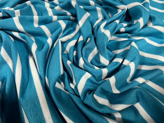 Viscose spandex stretch single jersey fabric, per metre - stripe - dark turquoise & blue