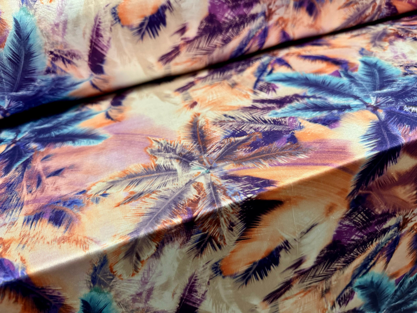 Disco stretch single jersey fabric, per metre - Palm Tree Sunset print - pink blue & magenta