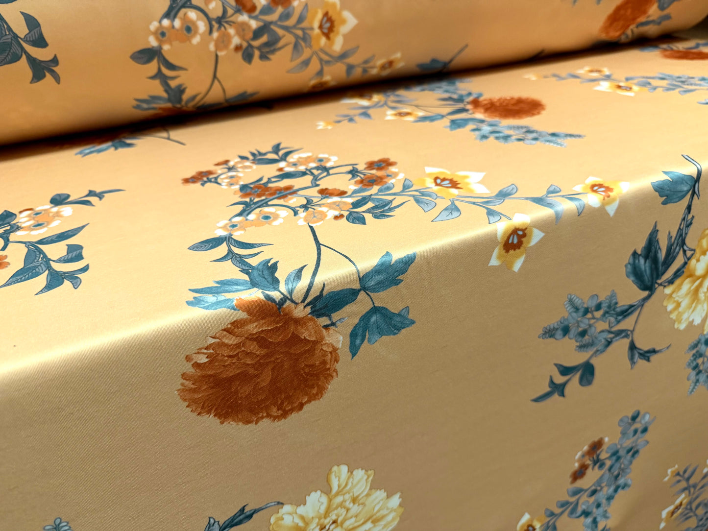 Scuba stretch spandex double jersey fabric, per metre - floral print - old gold & powder blue