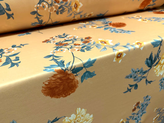 Scuba stretch spandex double jersey fabric, per metre - floral print - old gold & powder blue