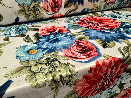 Scuba crepe-back stretch spandex jersey fabric, per metre - roses & carnations print - blush pink and blue