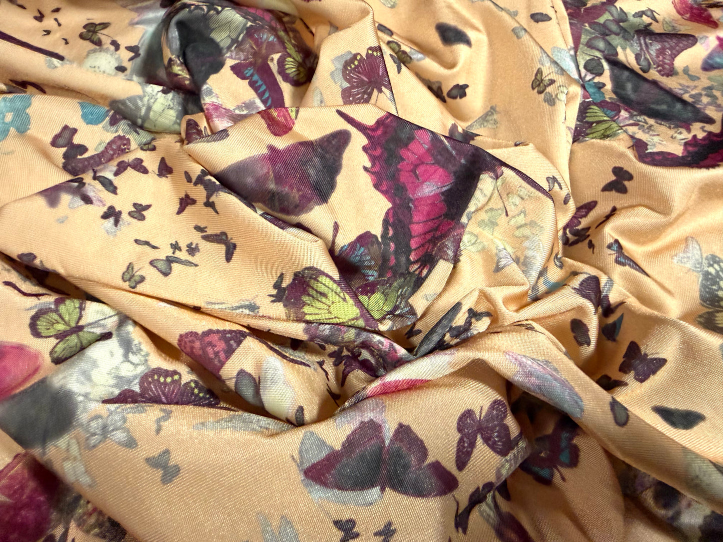 Stretch spandex single jersey fashion fabric, per metre - butterfly print - peach & purple