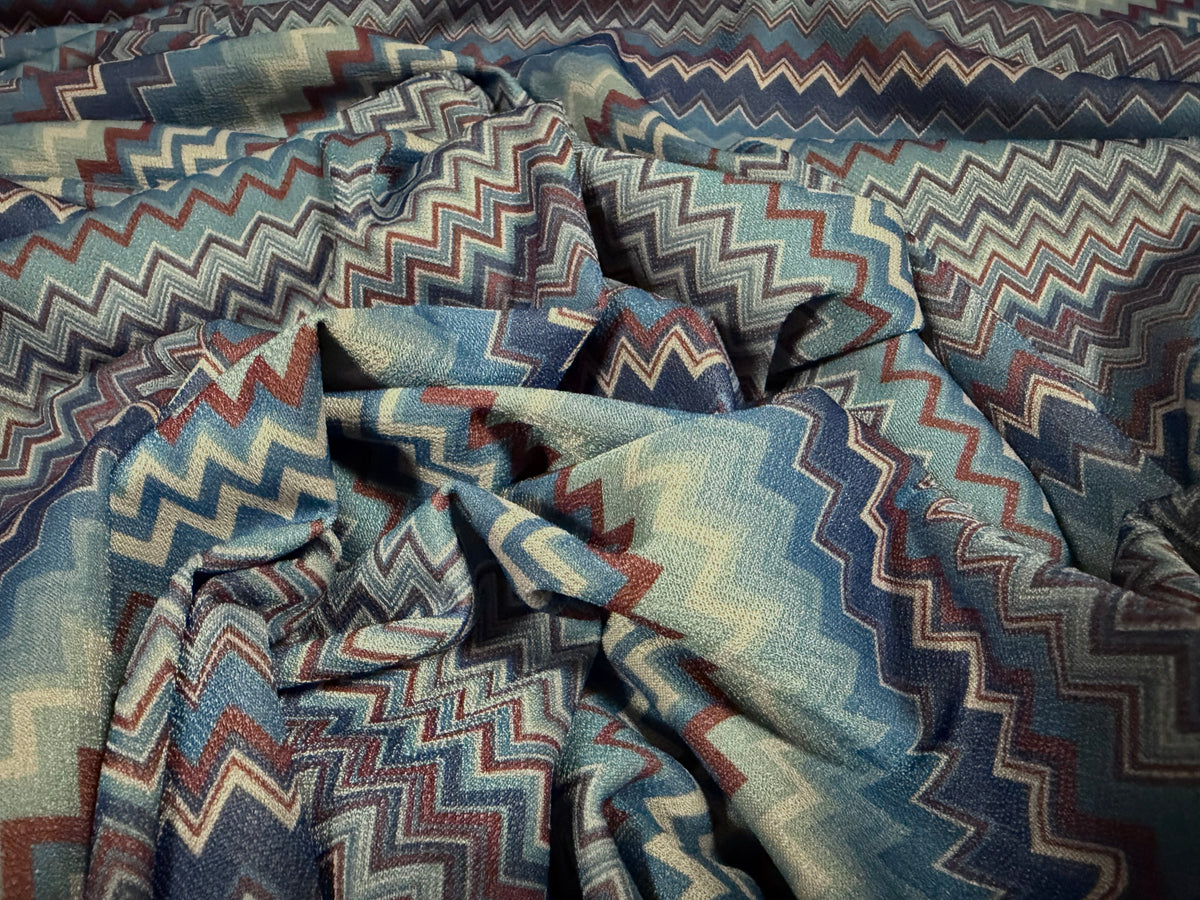 Valentino crepe stretch jersey fabric, per metre - chevron zig zag print - blue grey & burgundy