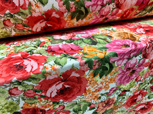 Scuba textured ‘Liverpool’ stretch spandex jersey fabric, per metre - English country garden floral print - multicolour