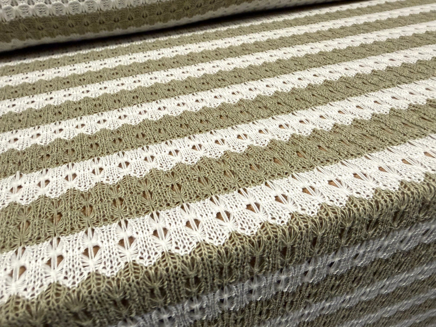 Crochet knit jersey fabric, per metre - stripe -sage & white