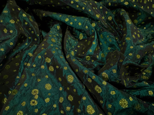 Taffeta faux silk fabric - metallic raindrop print - dark emerald green & gold glitter