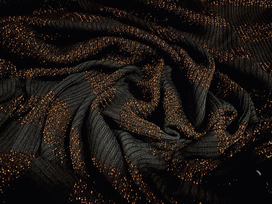 Metallic ribbed jersey knit fashion fabric, per metre -  black with copper lurex stripe