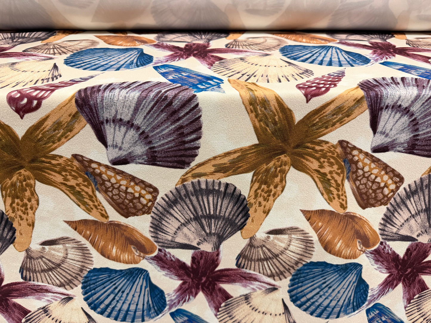 Scuba crepe fabric stretch spandex jersey, per metre - seashells & starfish print