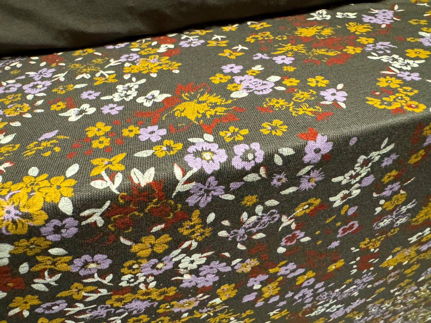 Viscose spandex stretch single jersey fabric, per metre - small flower ditsy print - khaki & mustard