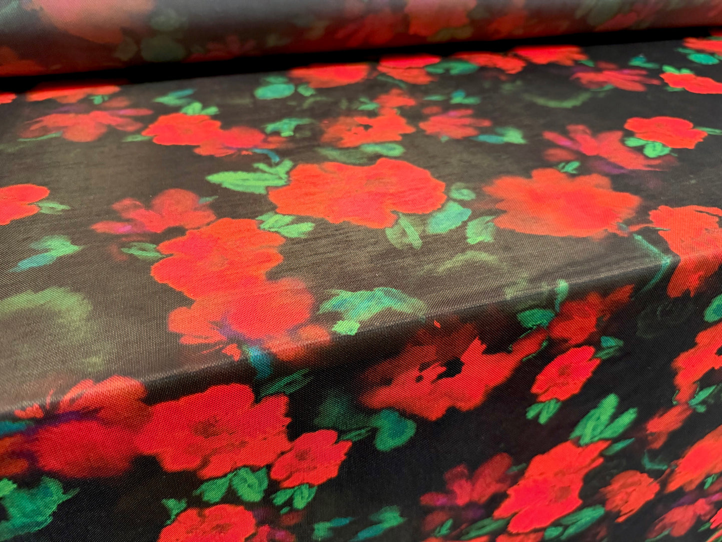 Power mesh net stretch spandex fabric, per metre - wild rose print - bright scarlet & black