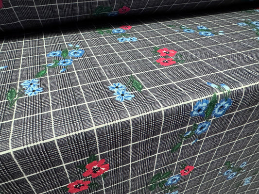 Double jersey upholstery fabric, per metre - floral check print - denim blue