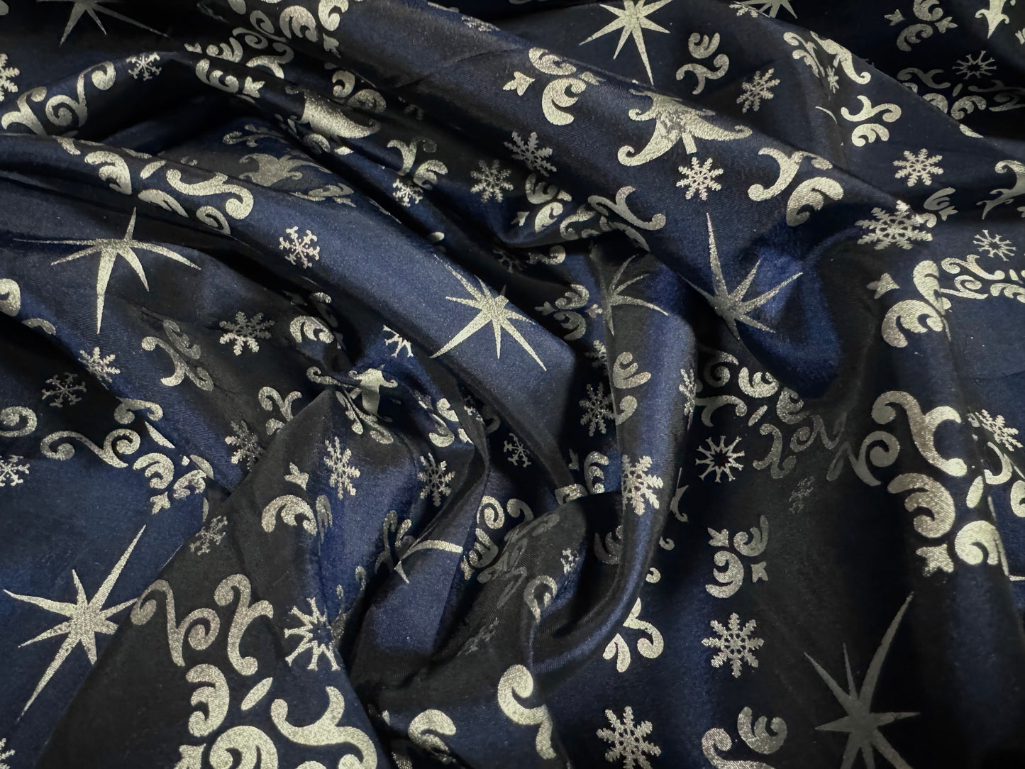 Taffeta faux silk fabric - metallic Christmas Star print - navy blue & silver