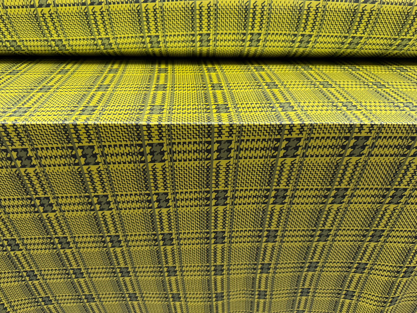 Soft touch stretch spandex single jersey fabric, per metre - houndstooth check print - lemon & blue-grey