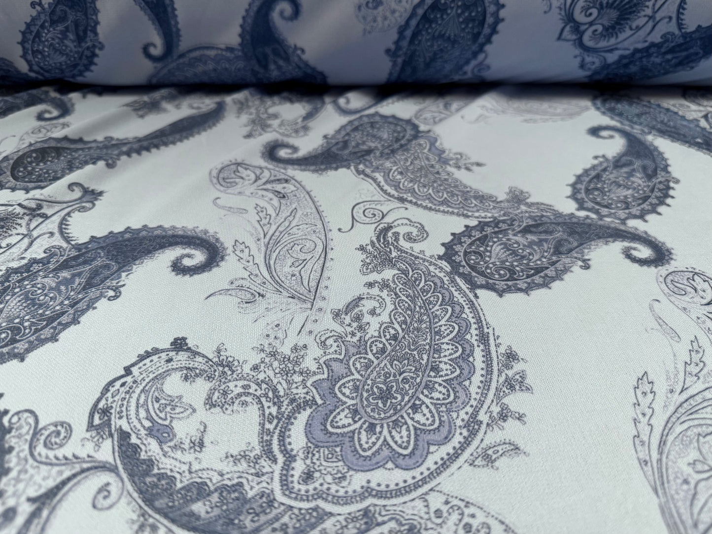 Crepe single jersey fabric, per metre - paisley print - pale blue