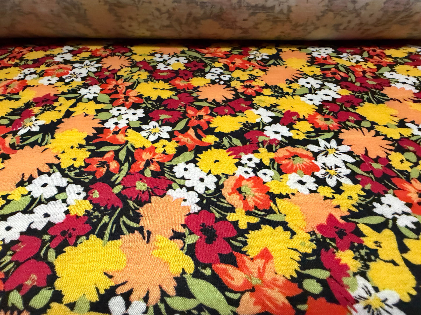 Soft handle stretch single jersey fashion fabric, per metre - Marigold print - orange yellow & red
