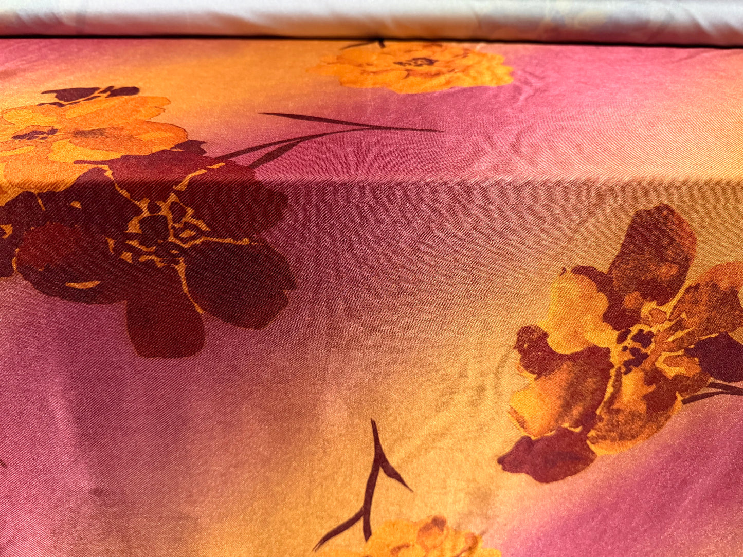 Stretch spandex satin jersey fabric, per metre - blossom print - magenta & gold