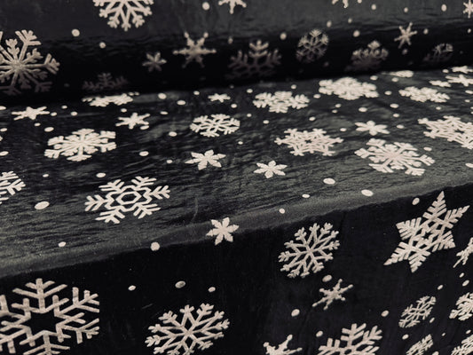 Taffeta faux silk fabric - flocked snowflake print - black & greystone