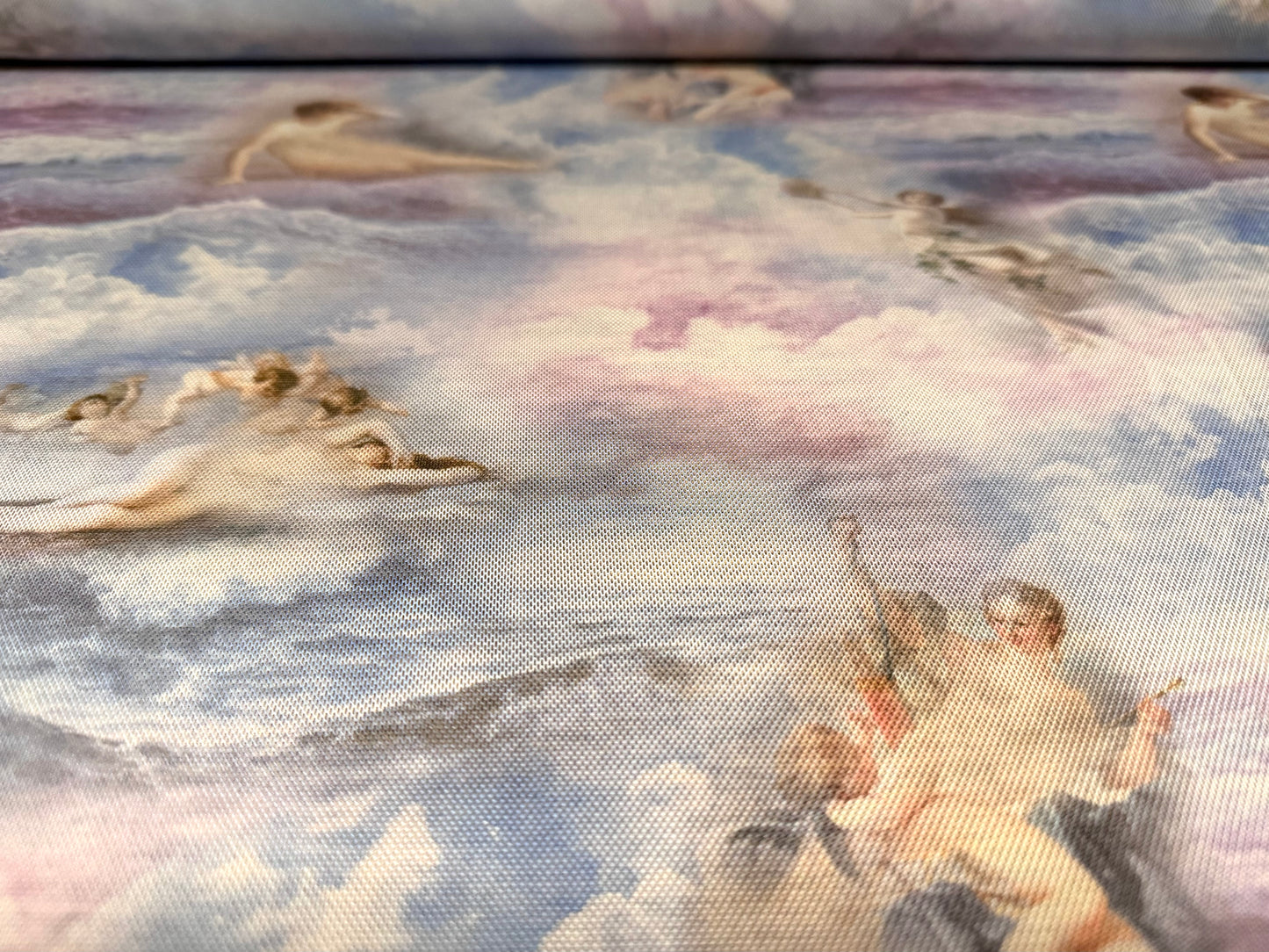 Power mesh net stretch spandex fabric, per metre - Heavenly Angels print - blue & lilac