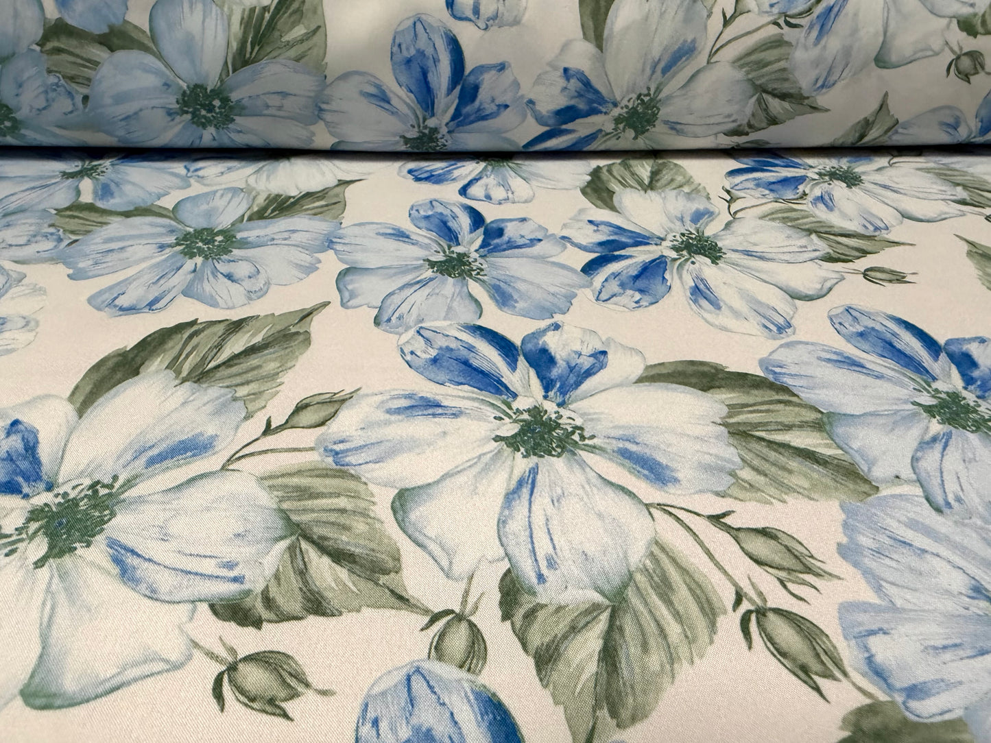 Pongee woven dress fabric, per metre - floral print - pastel blue & white