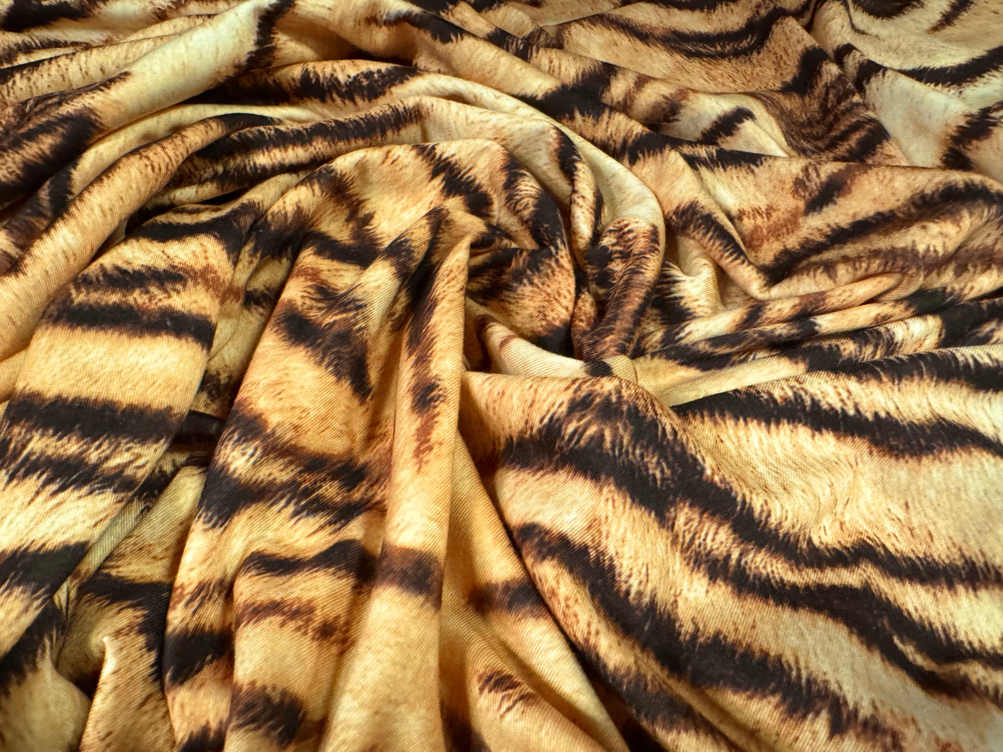Stretch spandex interlock jersey fabric, per metre - tiger print - gold