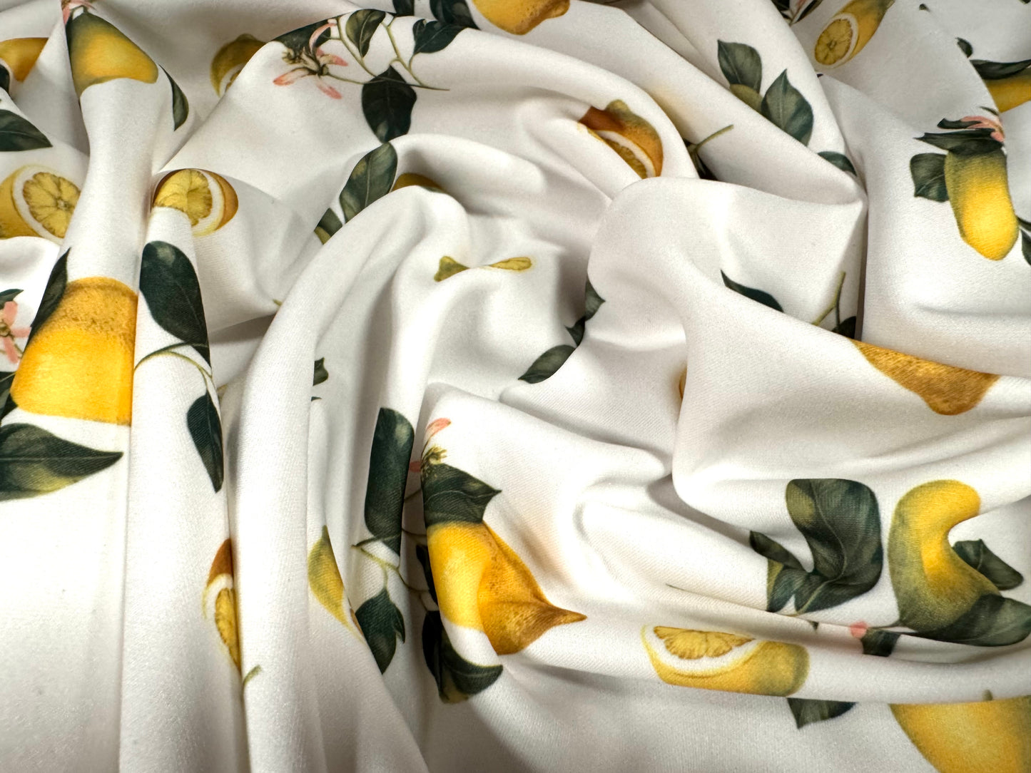 Scuba stretch spandex double jersey dress fabric, per metre - lemons print - yellow & white