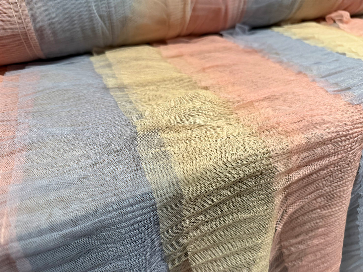 Layered tulle mesh net fabric, per metre - stripe - navy, peach, gold & lavender grey