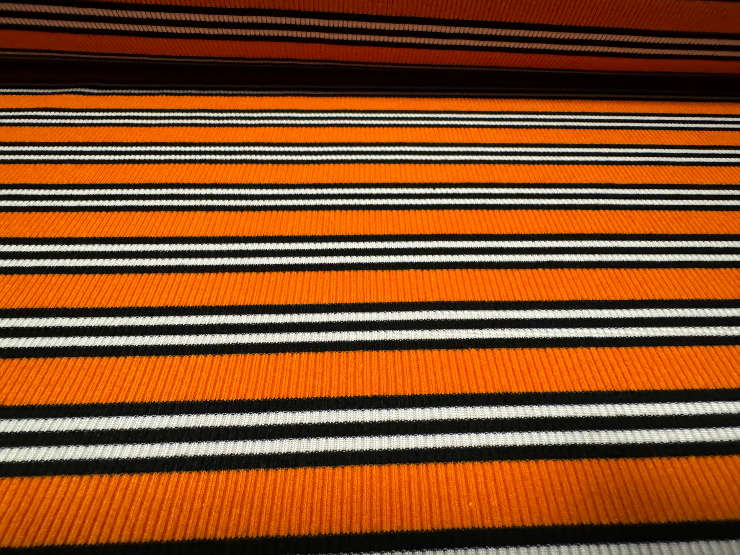 Stretch Spandex rib jersey fabric, per metre - stripe - orange black & white