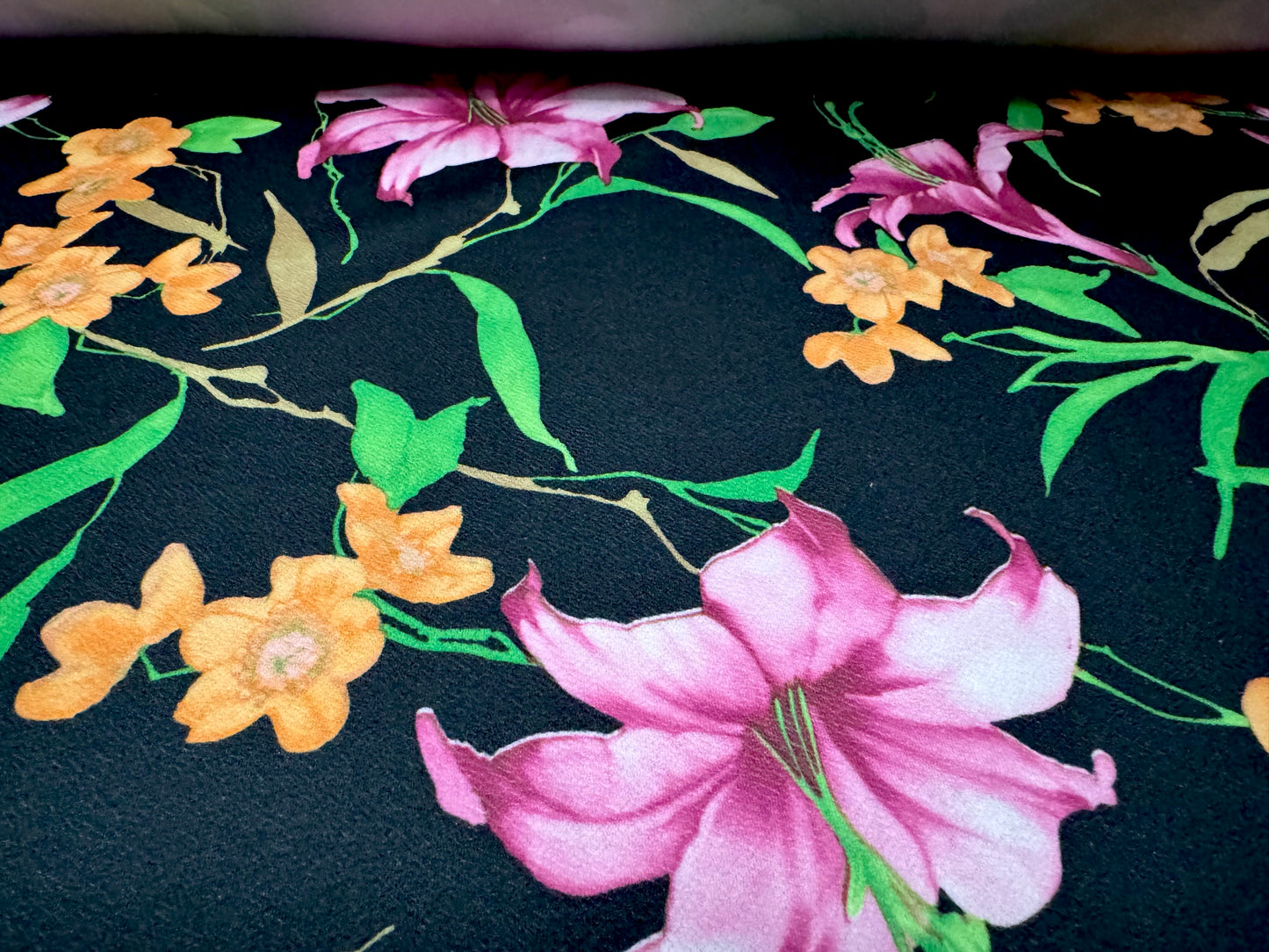 Scuba textured ‘Liverpool’ stretch spandex jersey fabric, per metre - orchid flower - black magenta & orange
