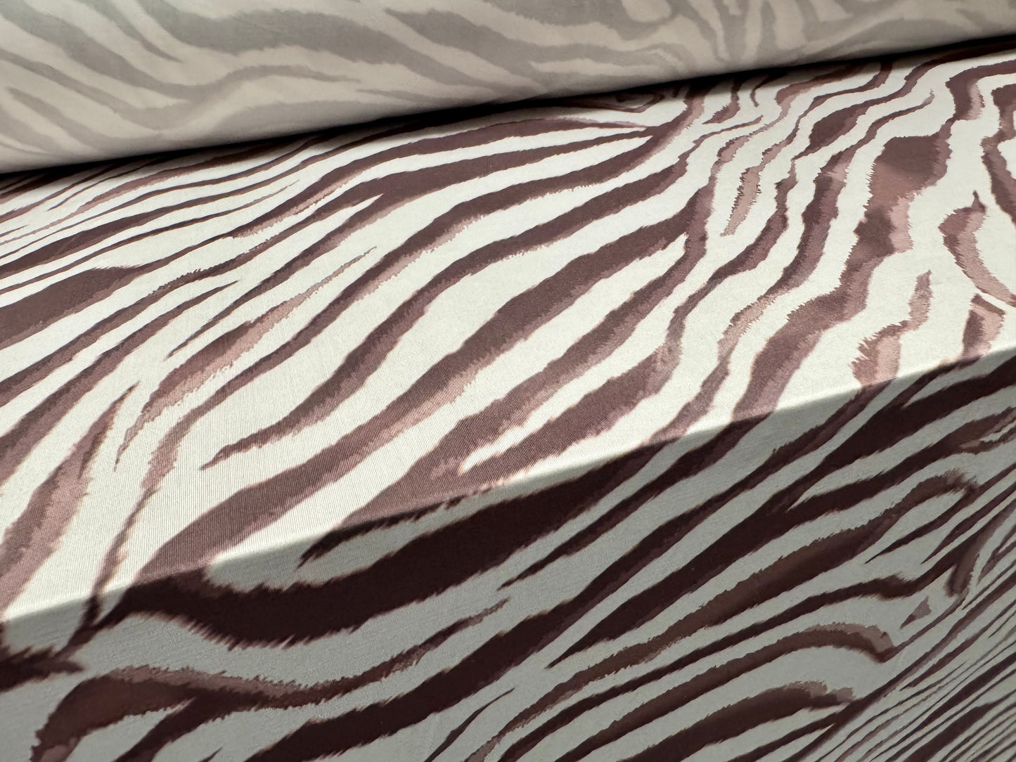 Soft touch stretch spandex single jersey fabric, per metre - zebra animal print - cappucino