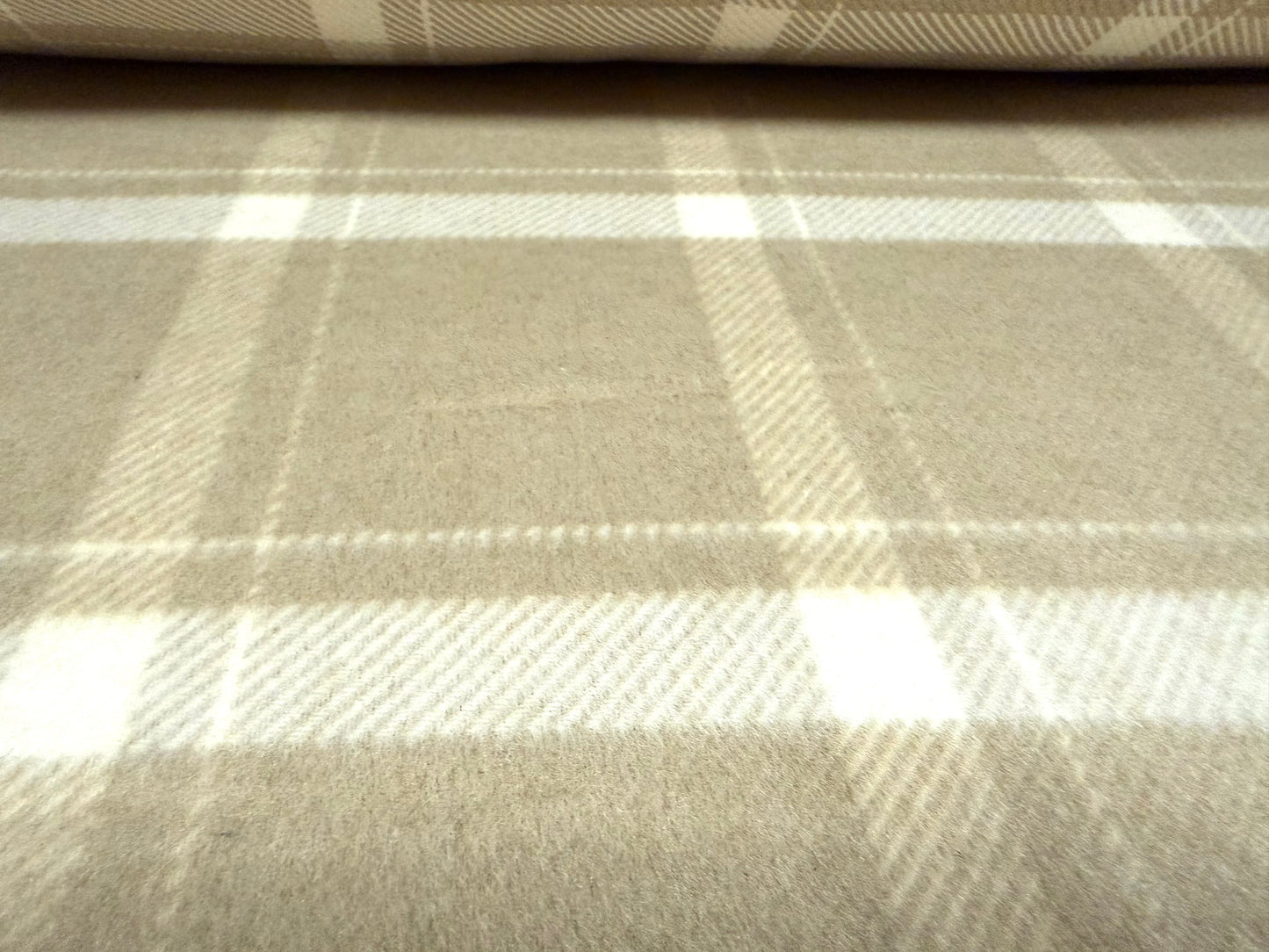 Heavyweight wool flannel fabric, per metre - plaid check - beige