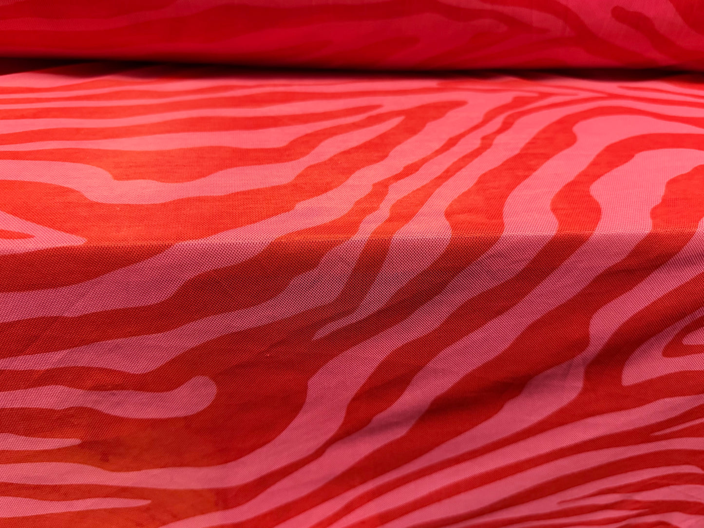 Power mesh net stretch spandex fabric, per metre - zebra print - red & pink