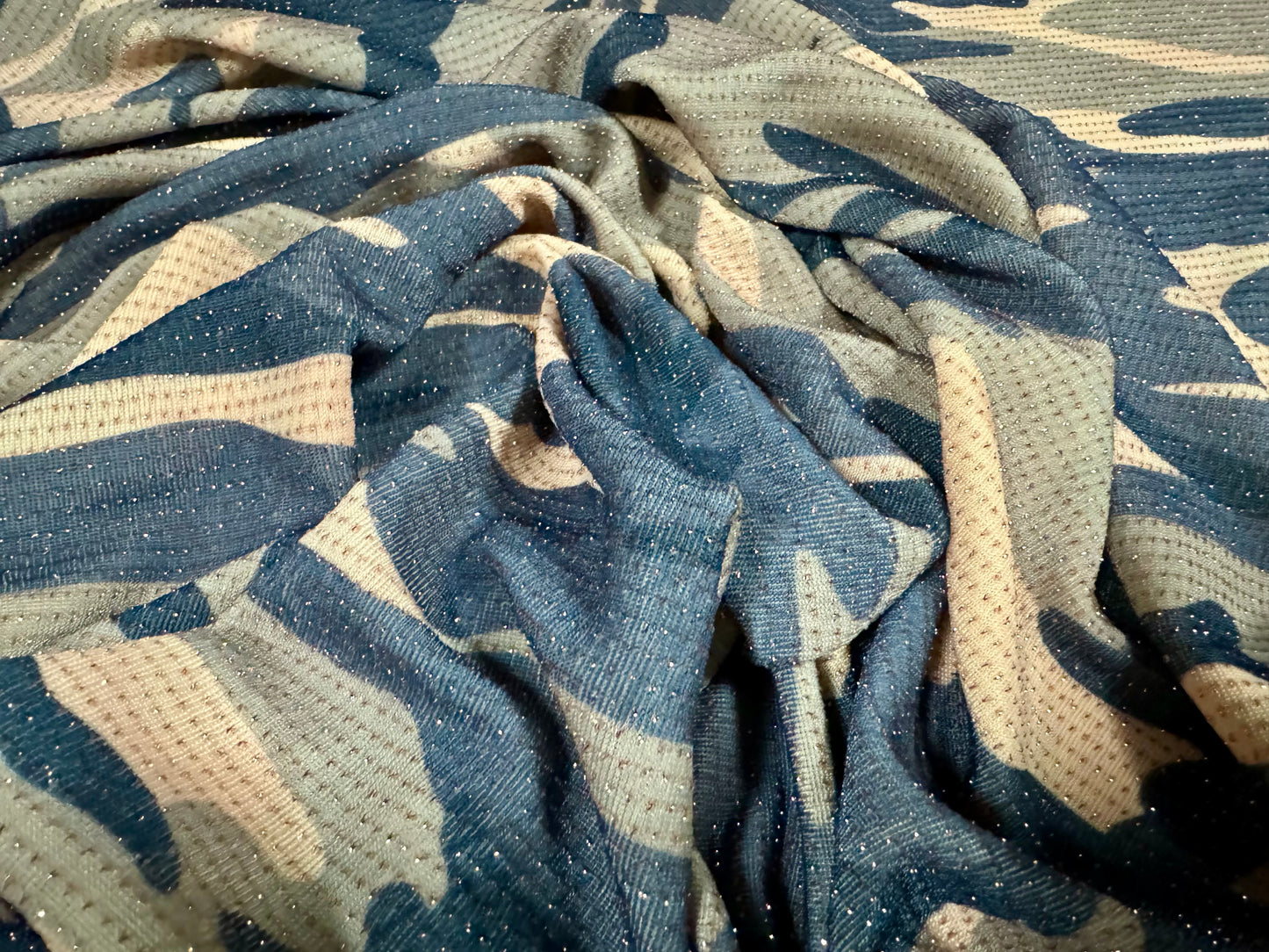 Metallic slinky spandex stretch jersey fabric with gold lurex, per metre - camouflage print - nude sage & grey