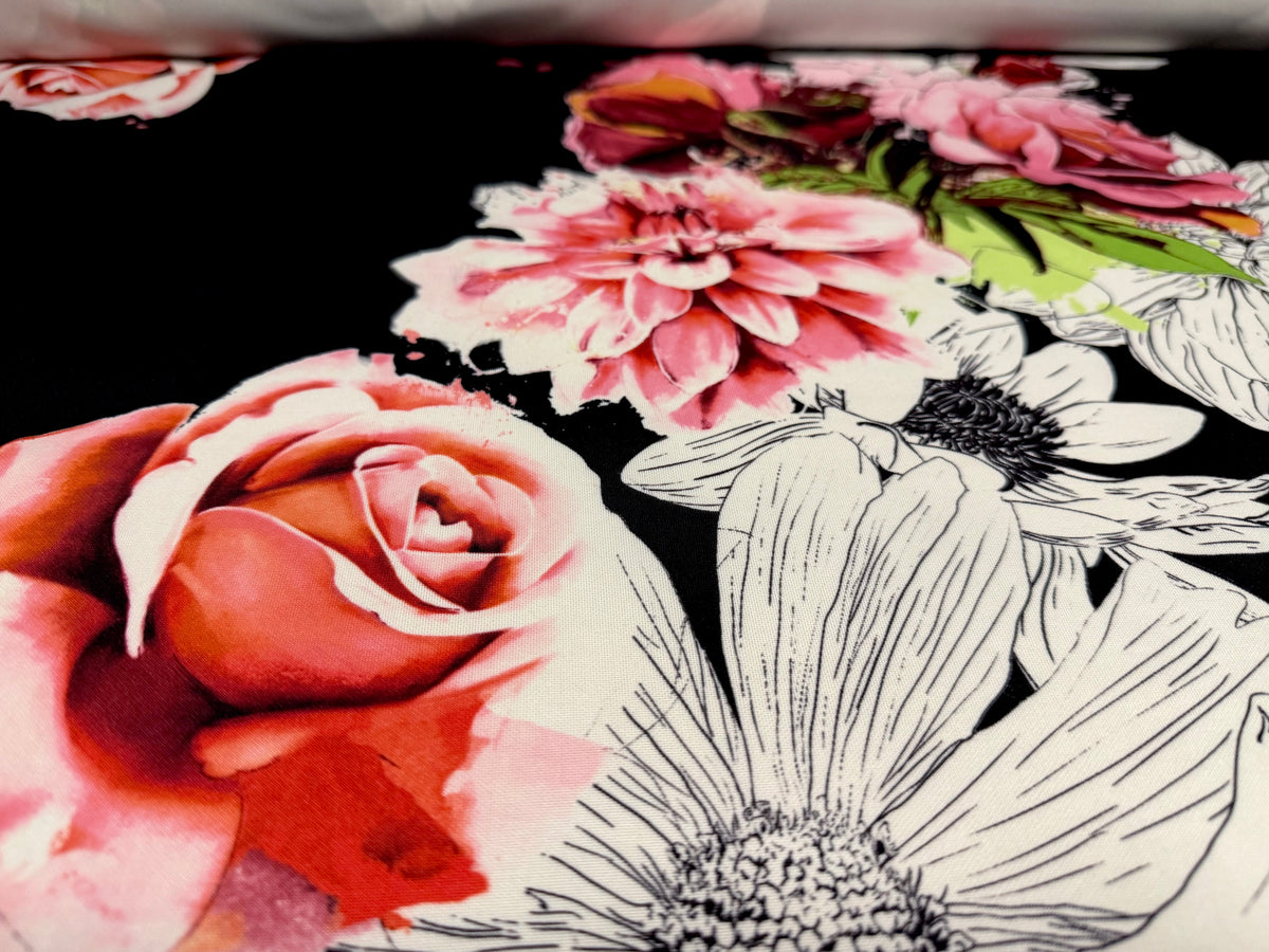 Scuba stretch spandex double jersey fabric, per metre - rose art print - black & pink