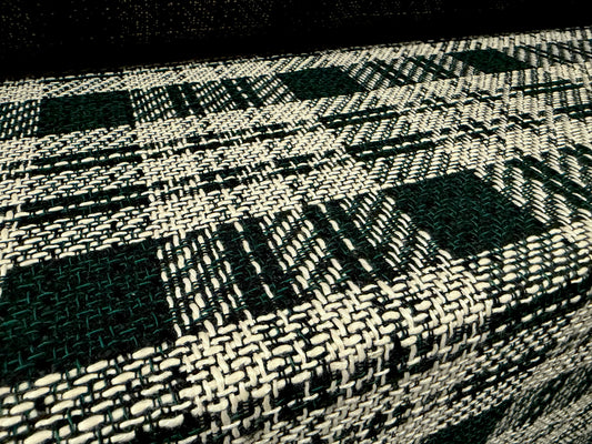 Heavyweight wool bouclé fabric, per metre - check - bottle green & cream