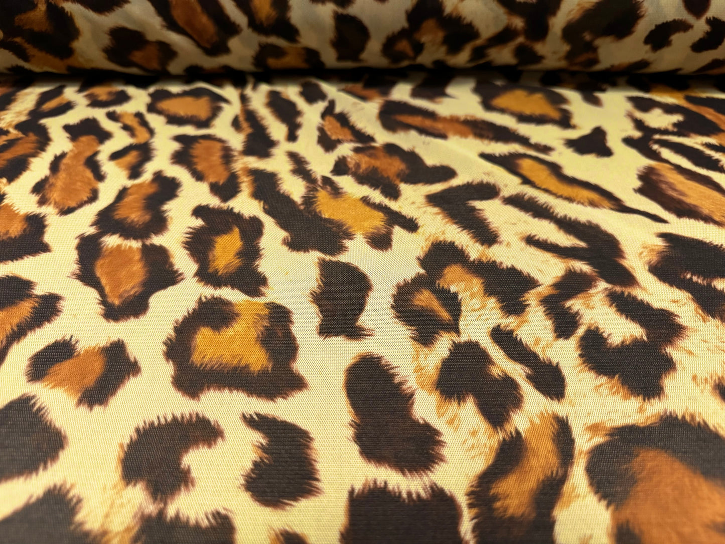 Power mesh crepe stretch spandex fabric, per metre - leopard print - lemon & amber