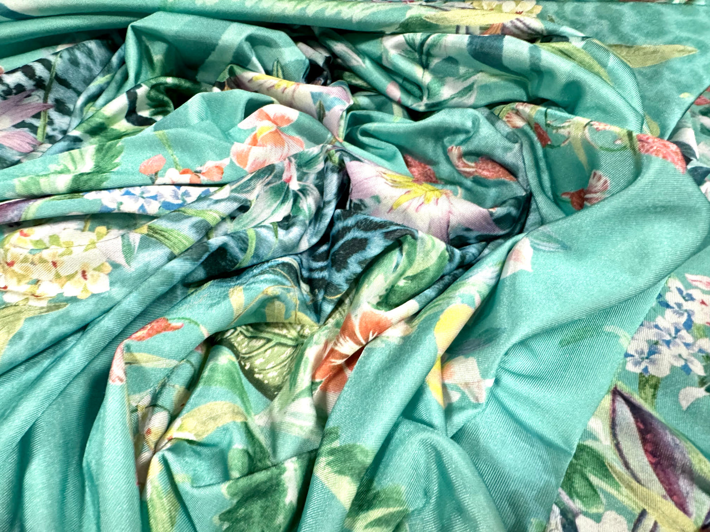 Disco stretch single jersey fabric, per metre - jungle flowers & animal print - turquoise green