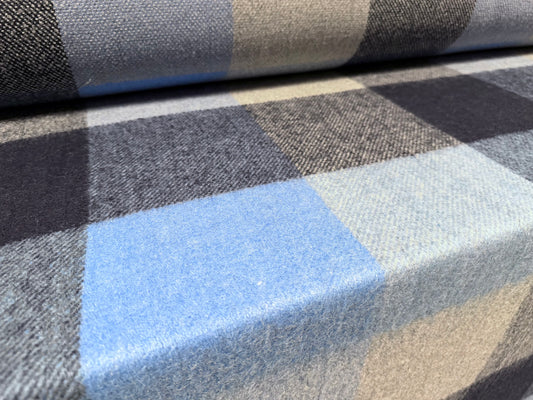 Heavyweight wool flannel coat jacket fabric, per metre - Buffalo check - navy blue & grey