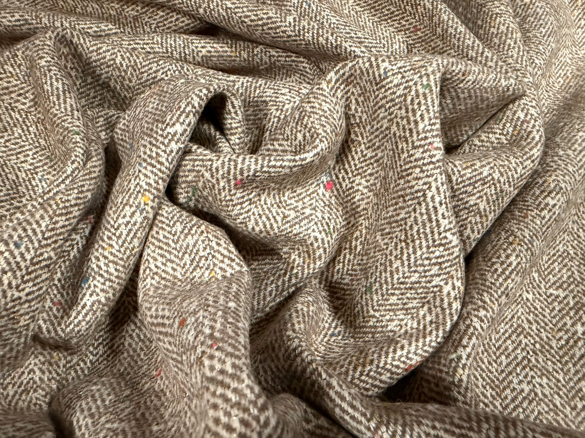 Metallic wool tweed fabric, per metre - herringbone fleck - stone with gold lurex