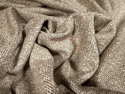 Metallic wool tweed fabric, per metre - herringbone fleck - stone with gold lurex