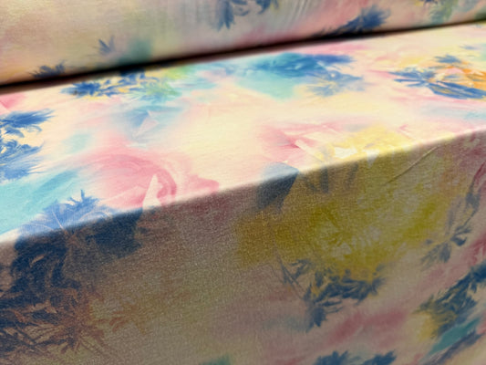 Soft handle stretch single jersey fabric, per metre - Hawaiian palm trees print - pastels