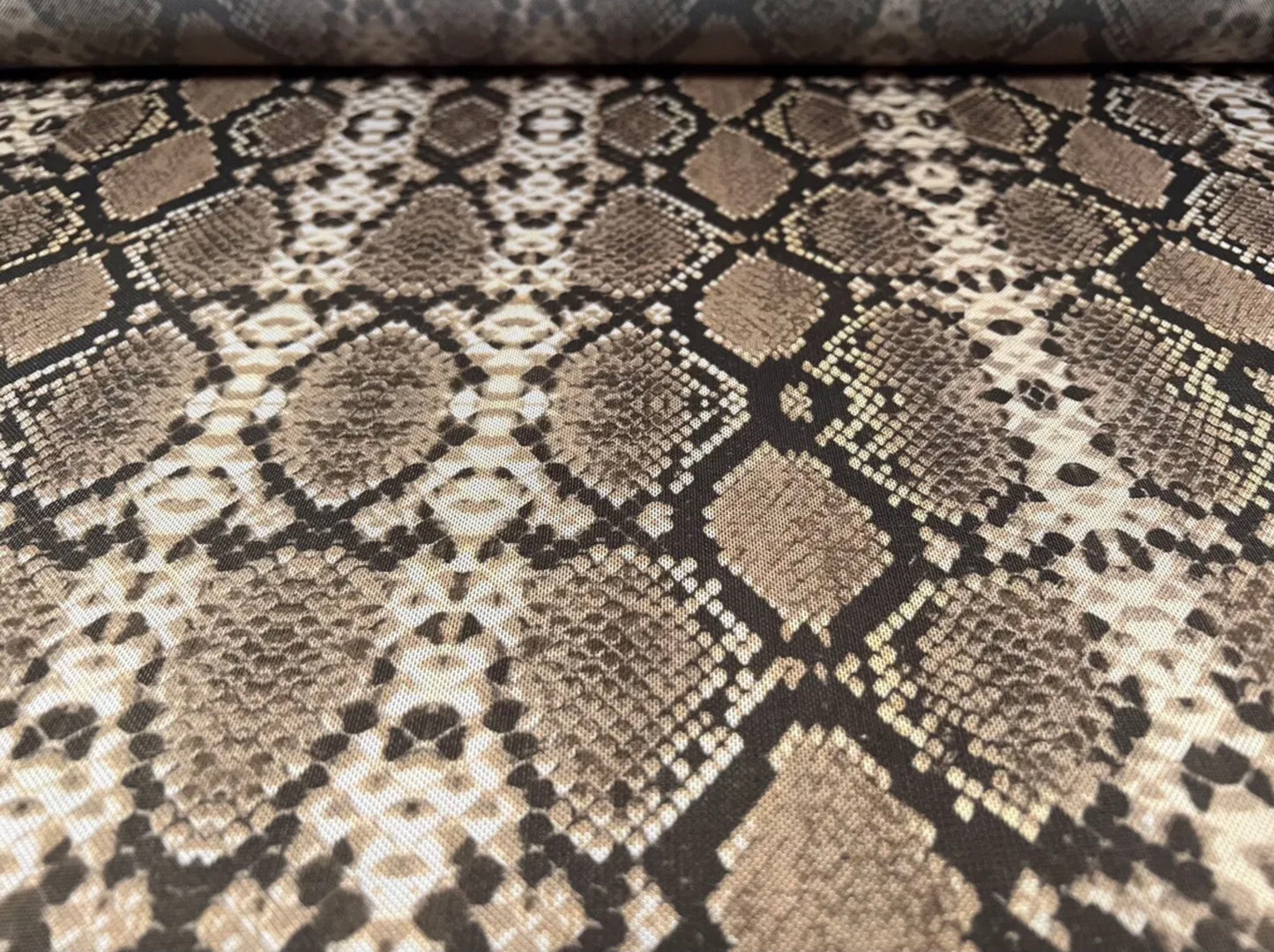 Power mesh net stretch spandex fabric, per metre - snakeskin animal print - khaki drab