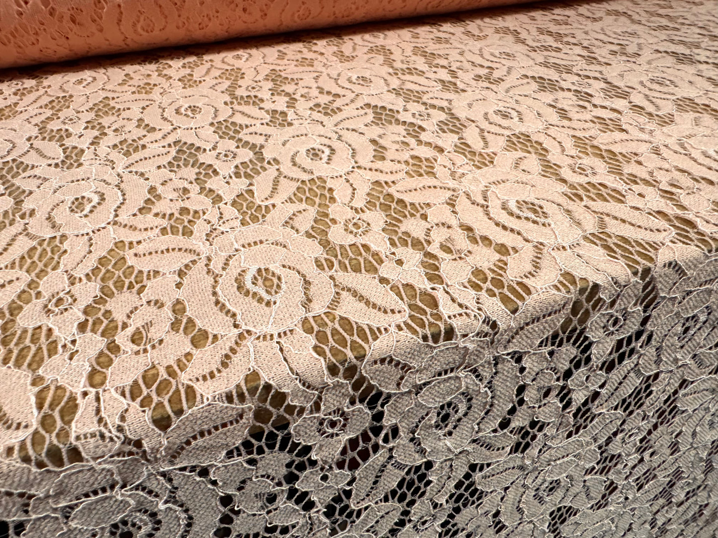 Corded stretch lace dress fabric, per metre - scalloped selvedge - floral - warm pink
