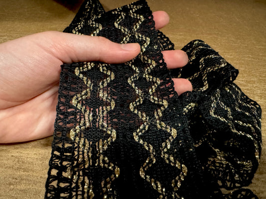 Metallic crochet lace edging trim fabric, per metre - zigzag - black with gold lurex