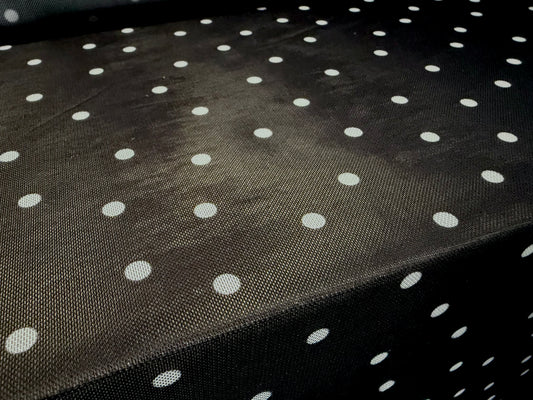 Power mesh net stretch spandex fabric, per metre - spots print - black & white